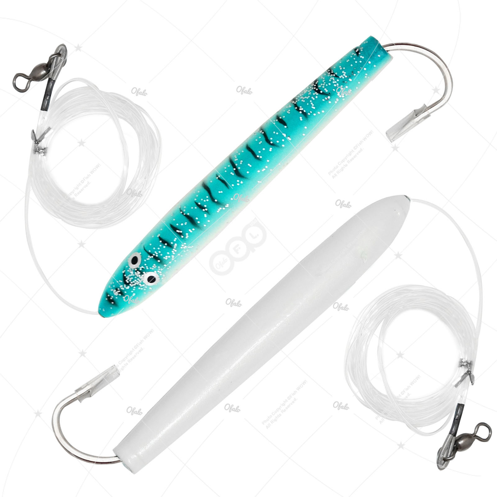4pcs Fishing Cedar Plugs Rig Trolling Wooden Lure 10/0 Hook Green Blue White New - Image 3
