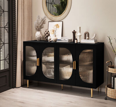 Sideboard Buffet Cabinet with 4 Glass Doors Wood Accent Cabinet with Shelves NEW