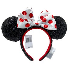 Disney Parks Classic Minnie Ear Red Polka Dot Bow Black Sequin Headband Gifts