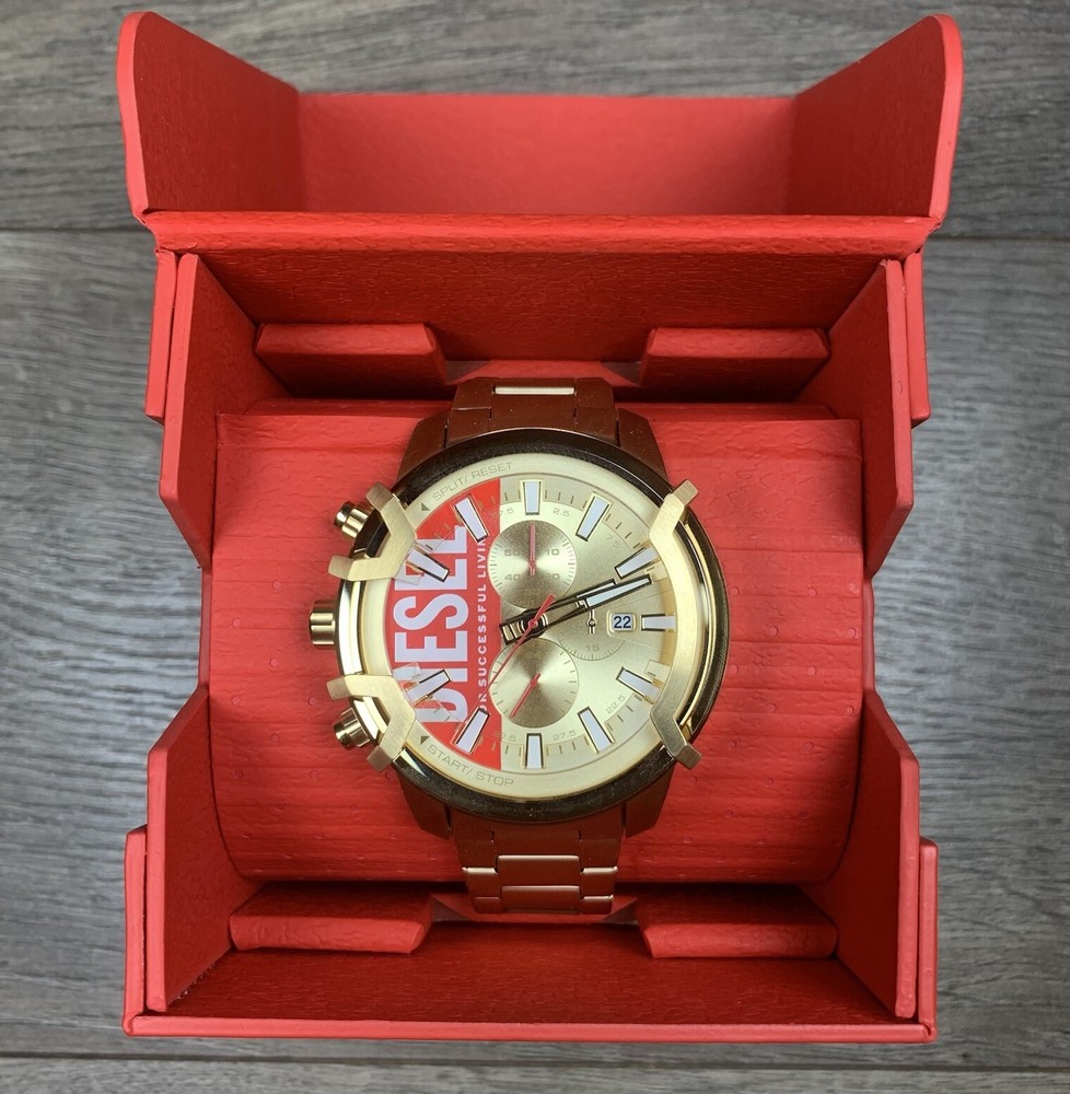 Diesel Watch DZ4595 Griffed Chronograph Gold Tone Stainless Steel Gold Red White