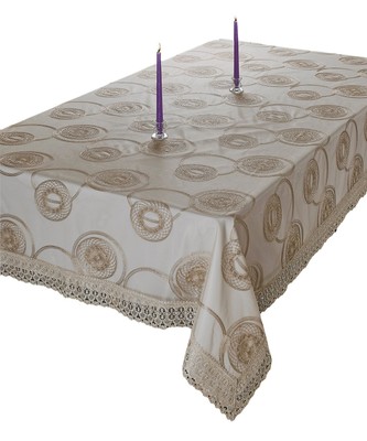 Marvelous Lace Tablecloth with Embroidered Round Scroll Design, Gold 72'' Round