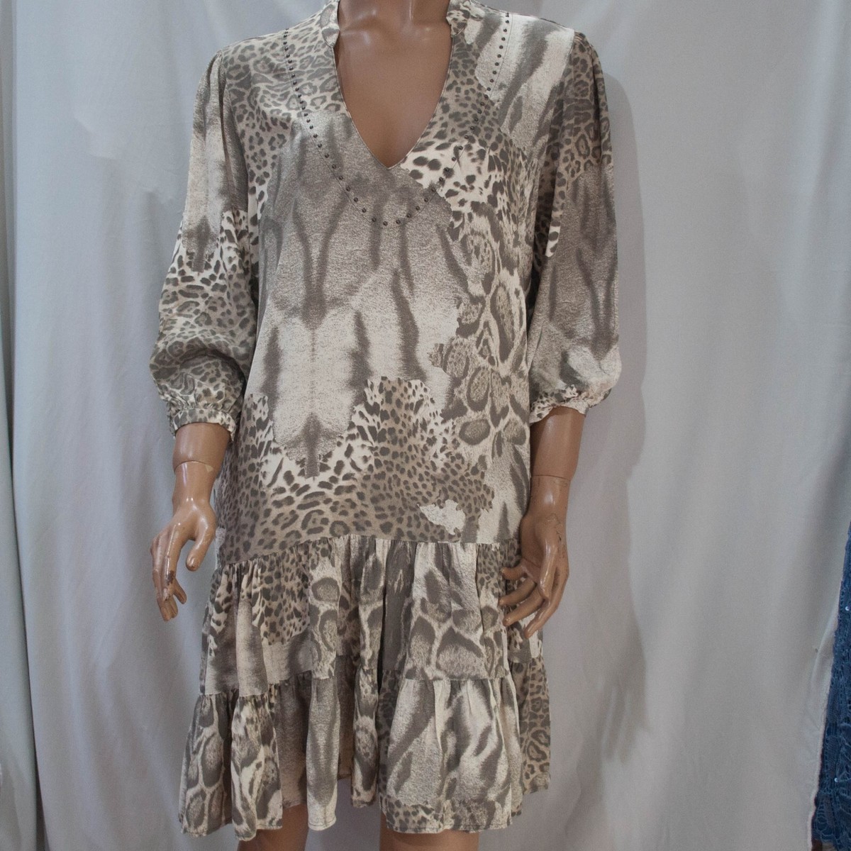 boho leopard print dress Leopard Print Open Neck Button Down Boho Dress w/ 3/4 Sleeves