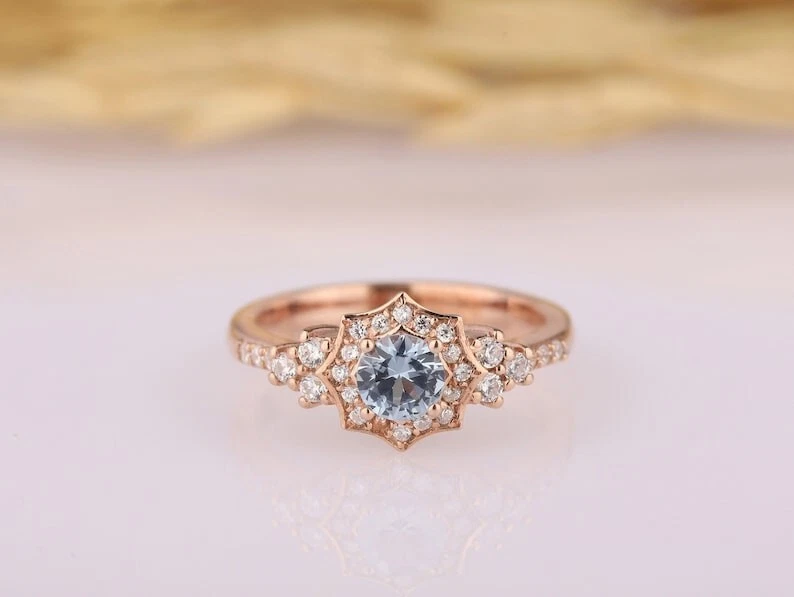 Anillo de compromiso antiguo aguamarina natural chapado en oro rosa de 14k en plata 925 Foto 2 de 4