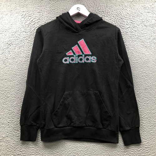 Adidas Sweatshirt Hoodie Girls Youth Large L Long Sleeve Pocket Graphic Black