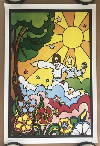 Vintage Original 1970s Hippie Couple Sun Sunshine Poster Flowers Psychedelic Hug