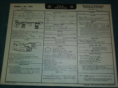 1952 HENRY J 6CYL TUNE-UP & WIRING DIAGRAM CHART / USEFUL VINTAGE 524 MODEL ITEM