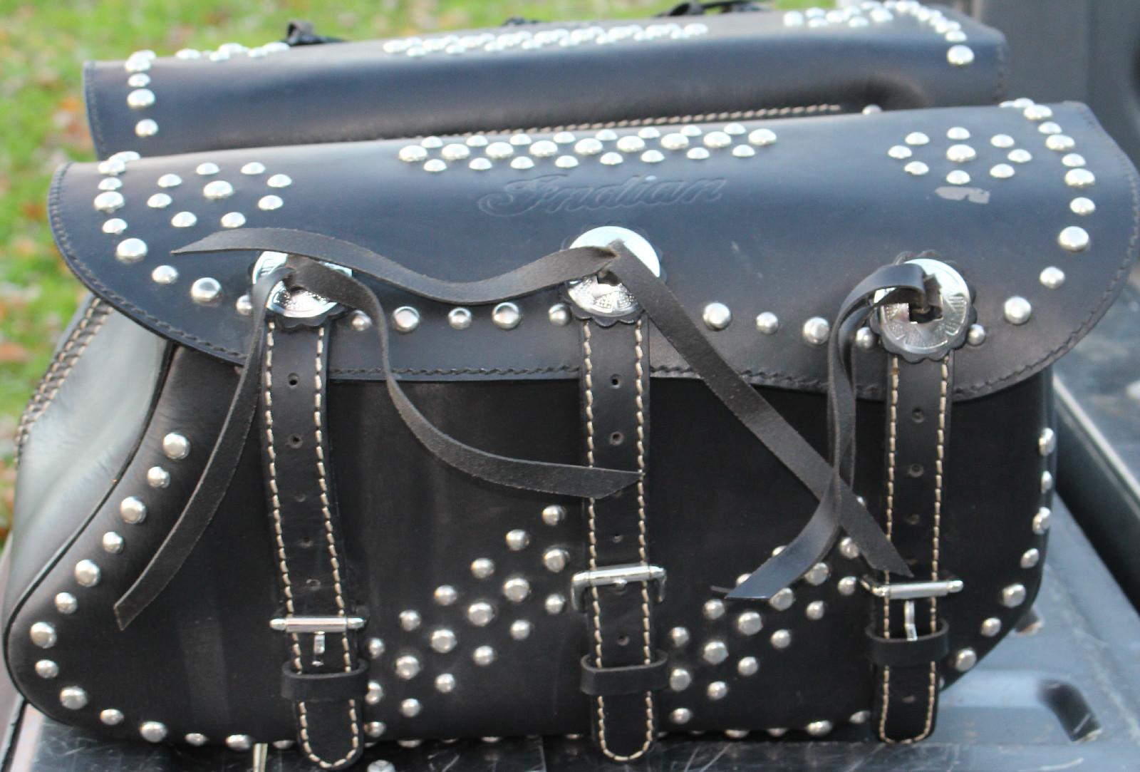 Indian Saddle Bags "Indian" Embossed in Leather Chief Chrome Studs