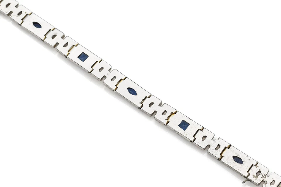 Старинный ар-деко посеребренный синий паста и стразы теннисный браслет + коробка - Изображение 2 из 4