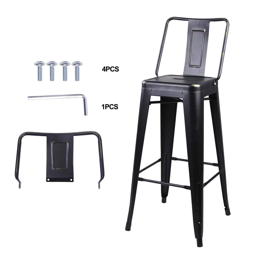 30'' High Back Metal Bar Stool Antique Black Industrial Style Kitchen
