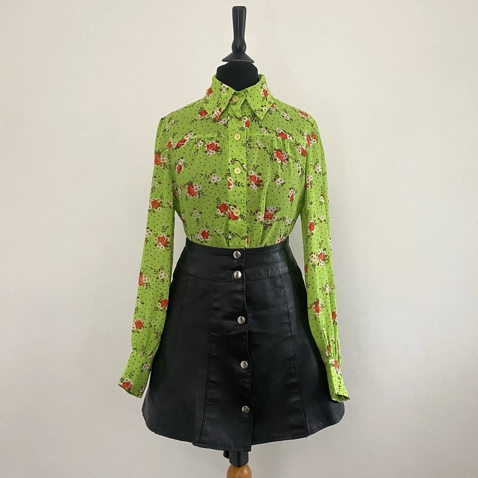 Vintage 1970s Blouse Green Floral Festive Balloon Sleeve Boho Floaty Mod Shirt 8 - Image 2 of 4