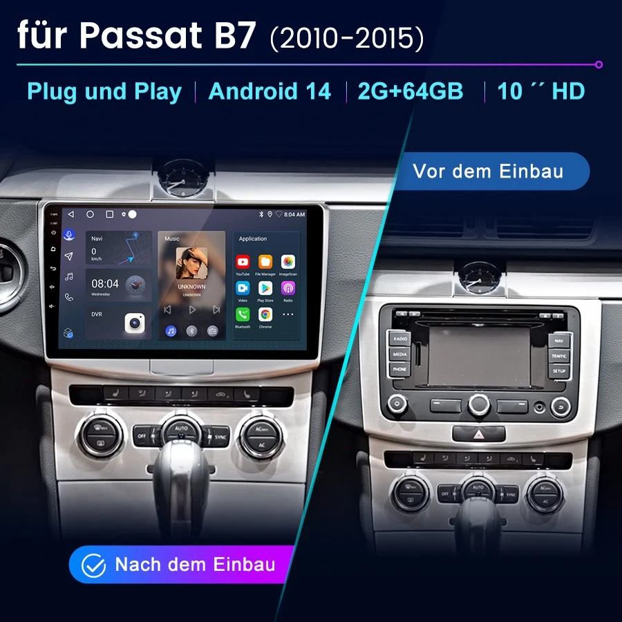 2+64GB Android14 Carplay Autoradio GPS Navi Für VW Passat B6 B7 CC Magotan 10-15 - Bild 2 von 4