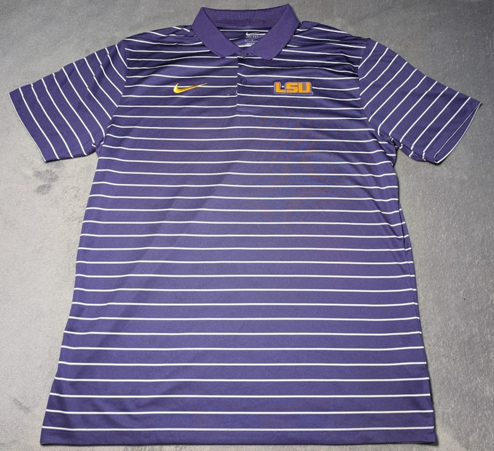 LSU Tigers Nike Dri-FIT On Field Polo Shirt Men Large Stripe Purple Short Sleeve