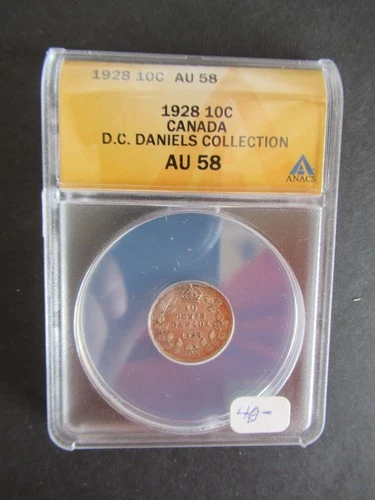 1928 SILVER 10 CENTS ANACS GRADED AU58 CANADIAN DIME