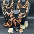 Vintage Wooden Jewelry Lot 18pc Brown Inlay Brooches Beaded Necklaces Bangle