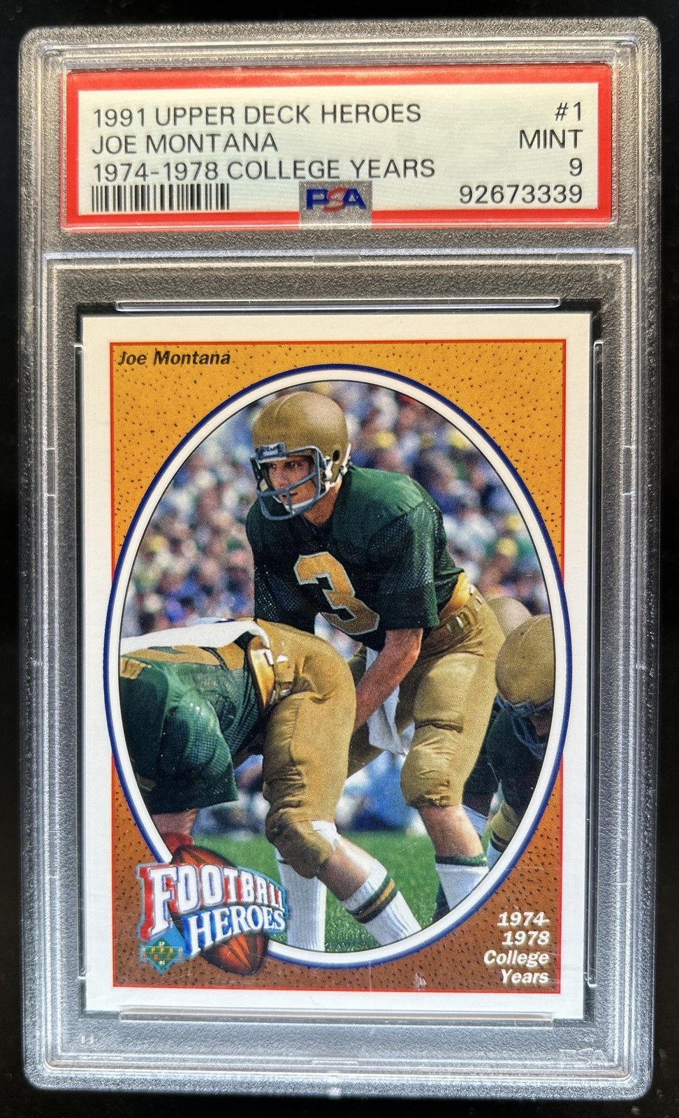1991 Upper Deck Joe Montana Football Heroes: #1 Fighting Irish PSA 9 view 1