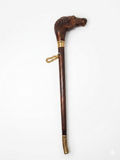 Vintage Carved Wood Horse Head Walking Stick Cane with Gold Tone Accent