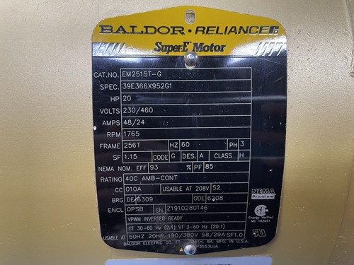 Baldor 3PH 20HP 256TFrame 1765RPM. Elec-Motor. CAT# EM2515T-G.Ship Ask-on-ship. - Picture 4 of 15