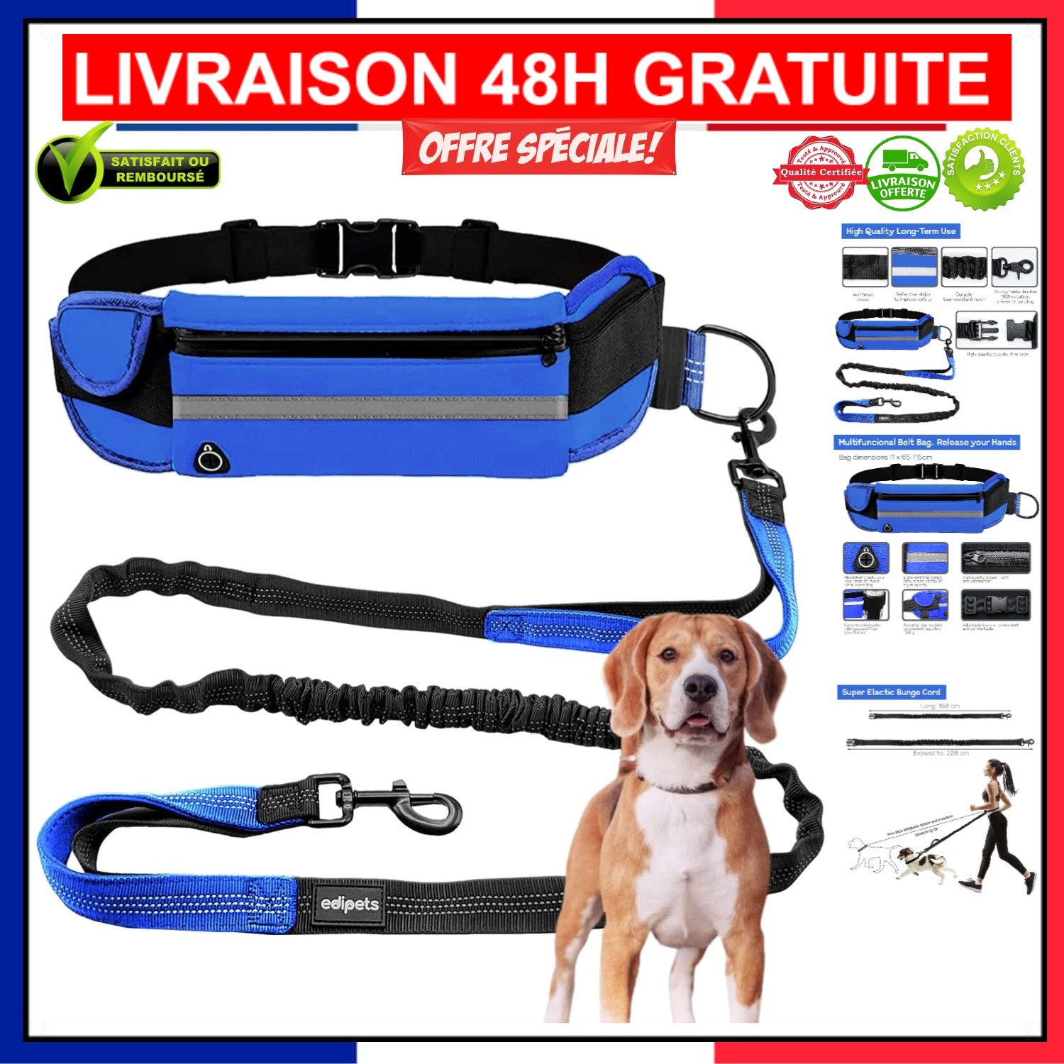 Laisse chien Edipets anti-tirons réglable 160-220cm ceinture sécurité