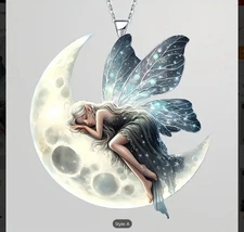 One-of-a-Kind CRESCENT MOON FAIRY Pendant on plated 925 Silver 20" 22" Necklace