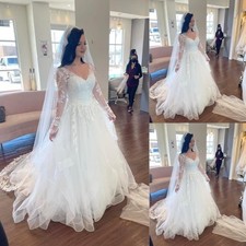 Elegant Wedding Dresses V Neck Long Sleeves A Line White Ivory Tulle Bridal Gown