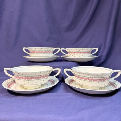 Royal Worcester Alpine Pink Cream Soup Bowls & Saucers Bone China England Set 4