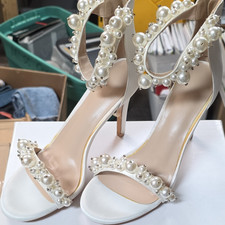 Women  s White Pearl Ankle Strap Strappy Open Toe Stiletto Heels Size 8