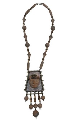 Vintage Tribal Revival Mask Pendant Beaded Statement Necklace