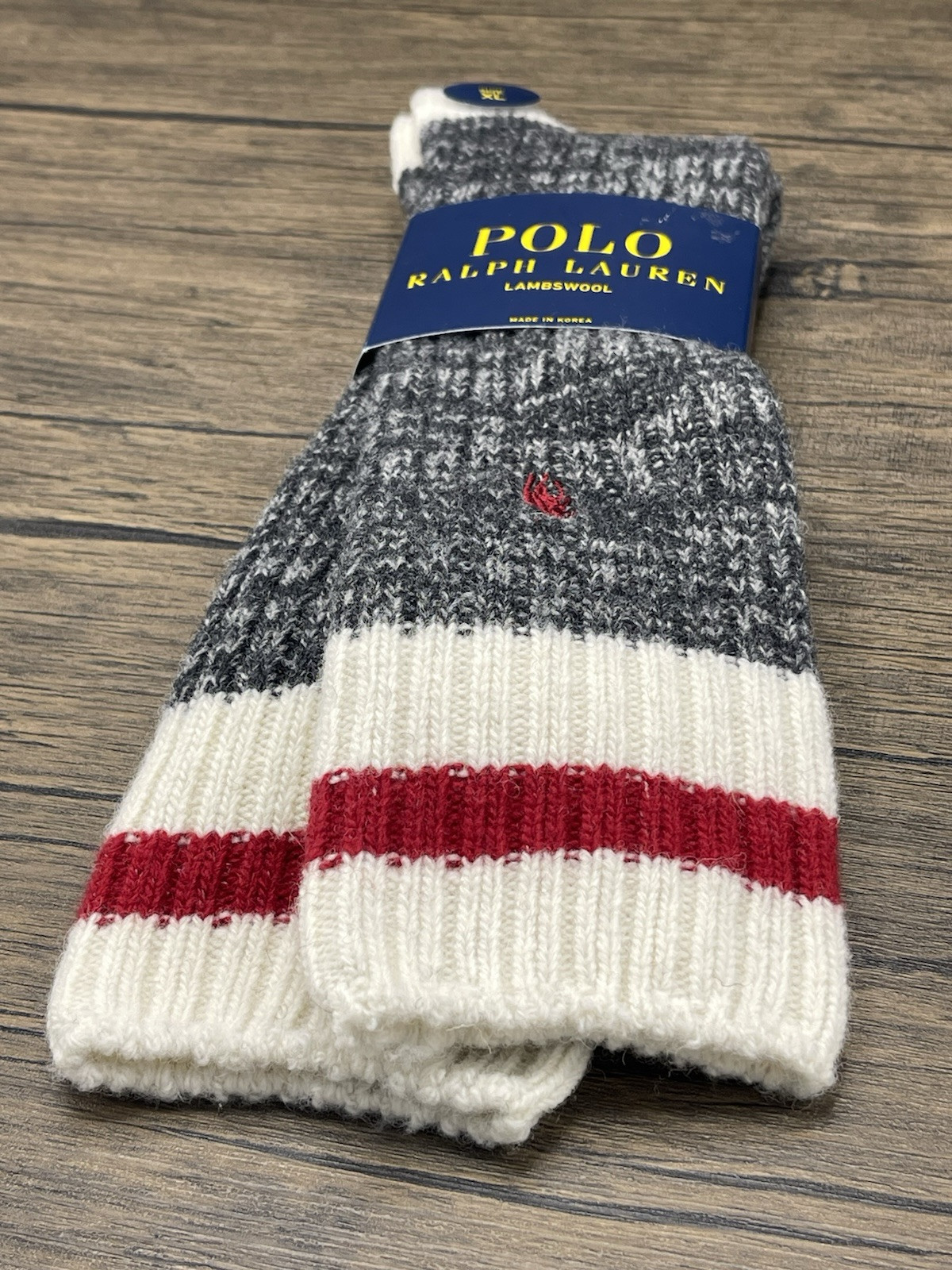 PONY Calze POLO RALPH LAUREN LANA DI AGNELLO uomo taglia 13 16 XL top a righe nuove con etichetta crema