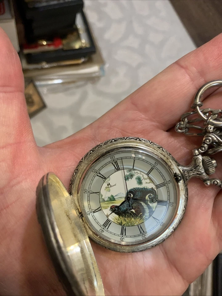 Jean Marcel 17J Swiss Pocket Watch With Chain Hunting Scene Working  - Image 4 of 4