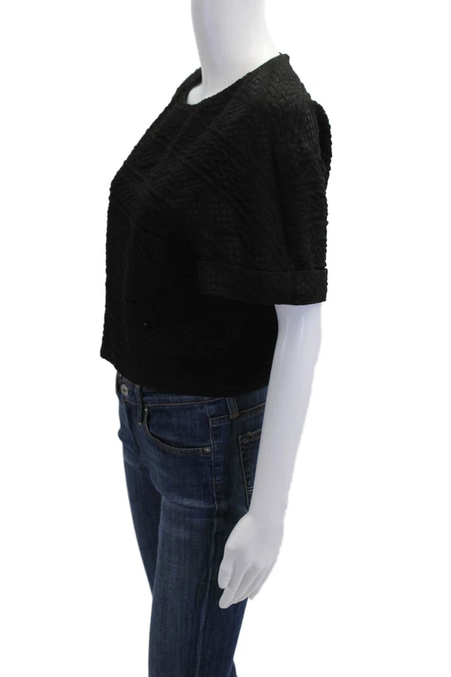 Blusa Top Alice + Olivia Mujer Cuero Texturizado Borde Manga Corta Negra Talla 6 Foto 2 de 4