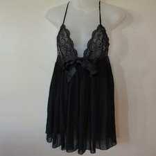 Vtg Y2K Victorias Secret Black Double Heart Label Chiffon Lace Babydoll Nighty M