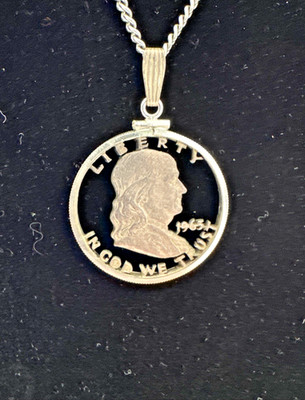 Hand Cut US Half Dollar Coin Pendant Necklace 20'' Silver Tone Chain Vintage