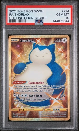 2021 POKEMON SWORD & SHIELD CHILLING REIGN SECRET #224 FULL ART/SNORLAX PSA 10