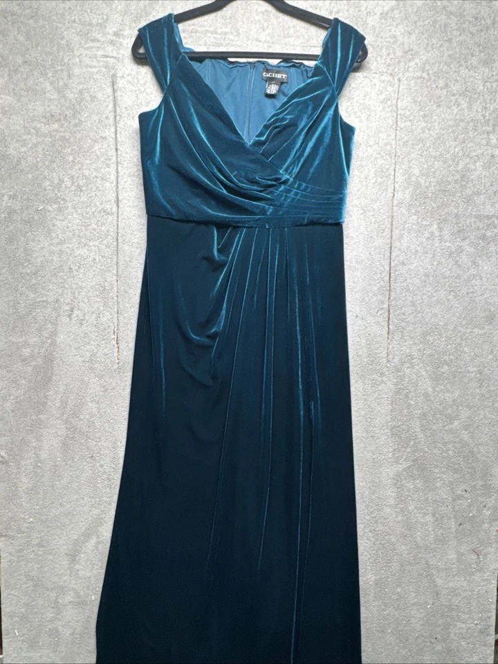 Vintage Peacock Blue Velvet Gown Cachet 90s Evening Formal Maxi Dress 8 - Image 2 of 4