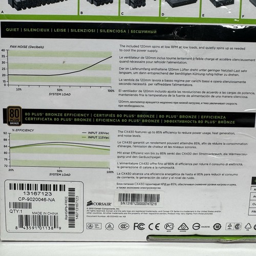 Corsair CX430 Power Supply 430W Bronze Model CP-9020046-NA New - Afbeelding 3 van 8