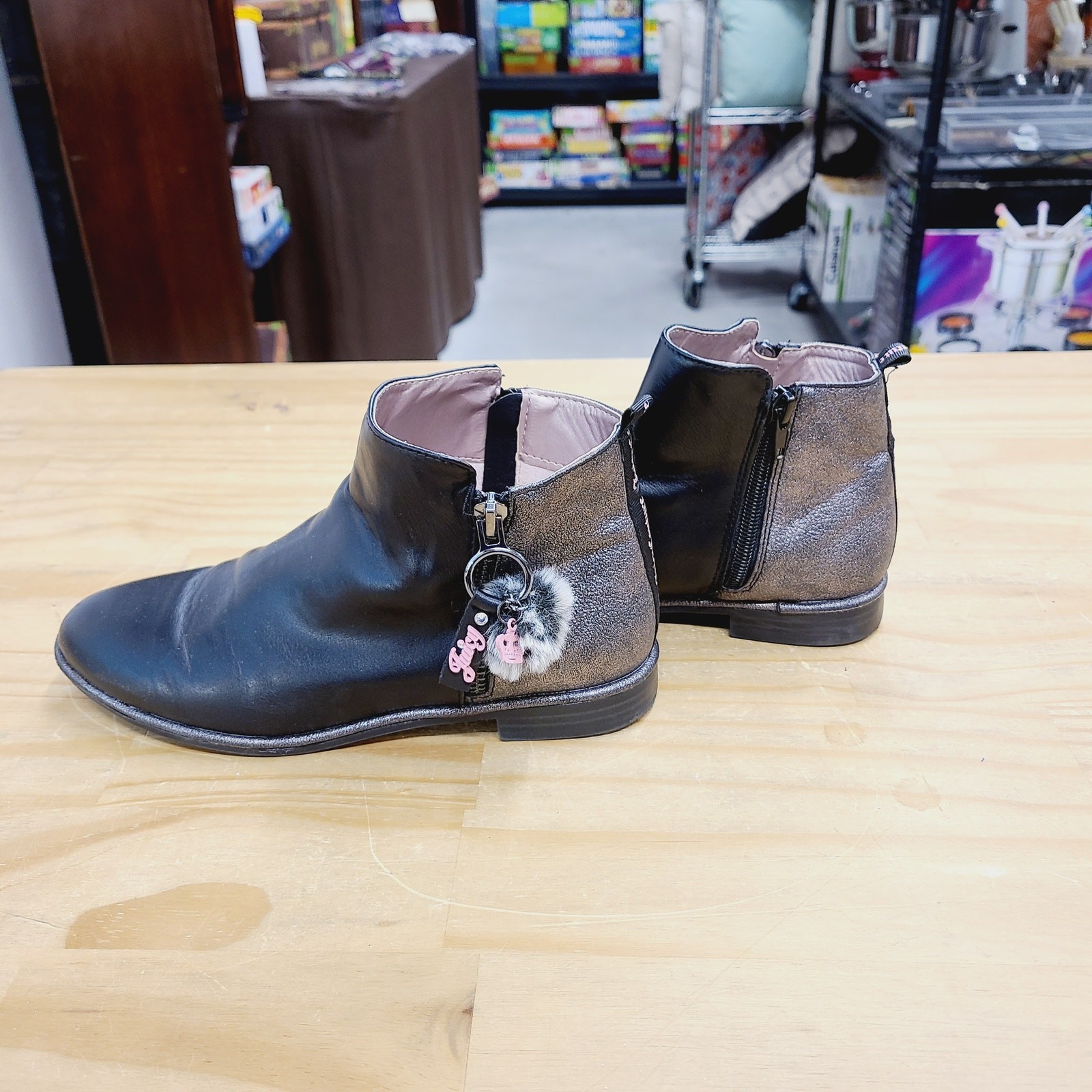 Juicy Couture Vegan Leather Booties Black & Silver Girls Size 4M Pom-Pom EUC image 4