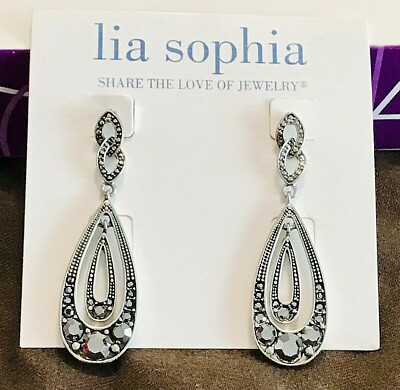 New Lia Sophia ''Bellagio'' Crystal Stones Hematite Tone Drop Dangle Earrings 