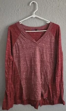 Prana Red Striped Heathered V Neck Split Back Long Sleeve Shirt Women's XL 