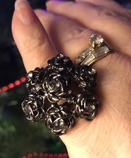 BOLD Bouquet of Dark Metal Flowers Stretch Ring Approx 1
