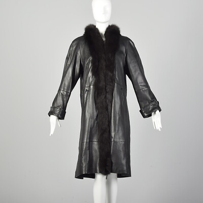 M Black Swing Coat Leather Fox Fur Collar Tuxedo Trim Longer Length Jacket  VTG