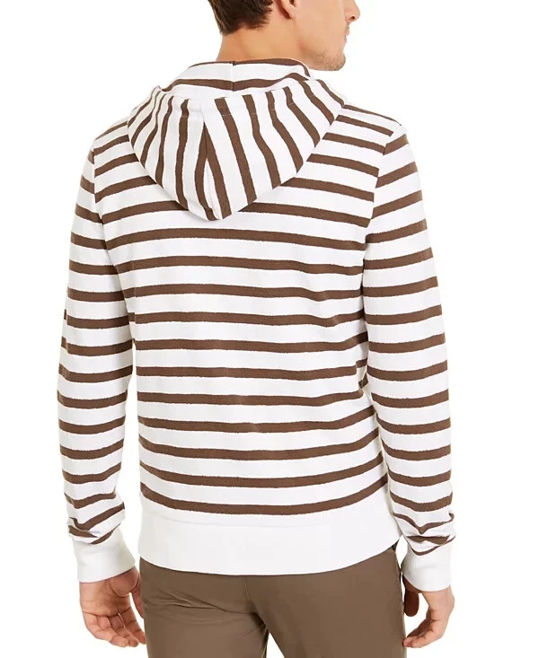Felpa con cappuccio e zip intera a righe Michael Kors da uomo nuova con etichette bianca marrone taglia XL
