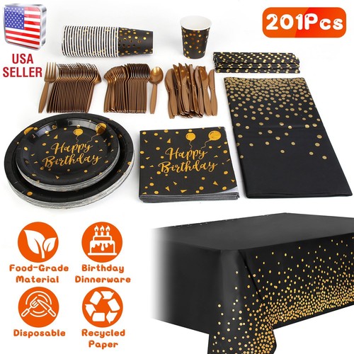 New 201-Piece Black Gold Party Set for 25 Guests, Birthday Dinnerware - Picture 3 of 8