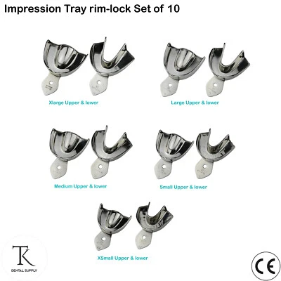 TK PLUS Set von 10 Kieferorthopädie Impression Trays Non-Perforated Metallic Rim Lock CE
