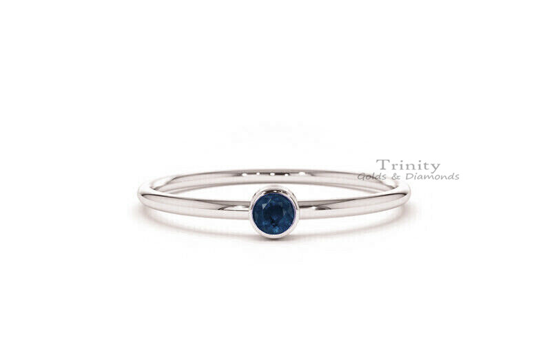 14kt White Gold Finish Lab Created Sapphire Bezel Set Dainty ring For