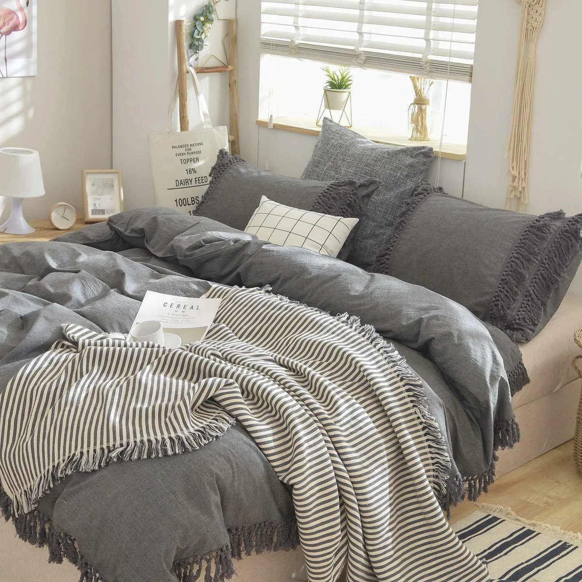 Softta Grey Bedding Queen Duvet Cover 3 Pcs Boho Bedding Ruffle Tassel Farmhouse