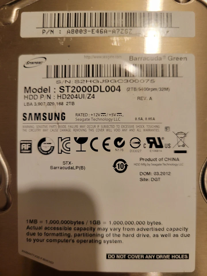 Samsung ST2000DL004 HD204UI/Z4 DGT 2TB SATA 3.5" HD A8003-E46A-A7Z6Z - Image 2 of 3