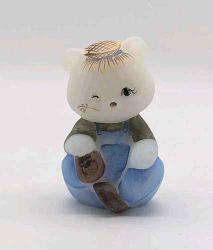 Fenton Satin Glass Collector's Showcase Farmer Bear Figurine *Signed* Overalls
