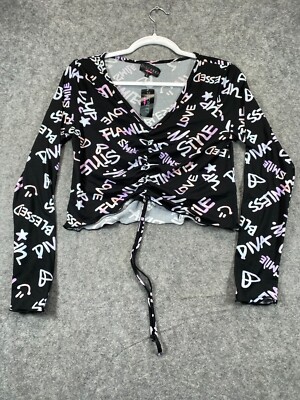 Discreet NWT Juniors Large Black Crop Top Multi Graffiti Cinch Long Sleeve Shirt