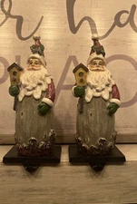 Set Of 2 Santa Claus Old World Birdhouse Grey Stocking Hanger Christmas Holiday