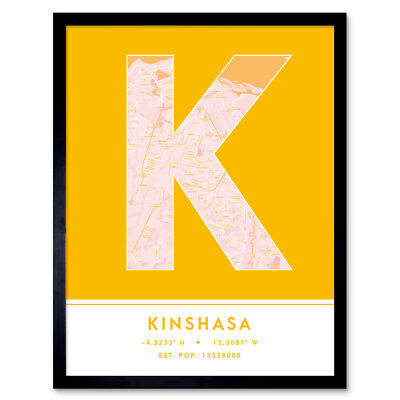 Kinshasa DR Kongo Stadtplan Typografie gerahmter Wandkunstdruck 12 x 16 Zoll